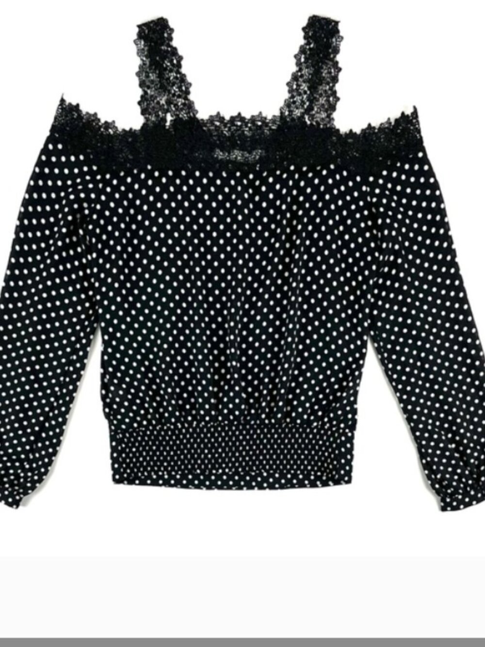 Bebe Polka Dot Print Lace Cold Shoulder Top Size XL - Picture 3 of 11